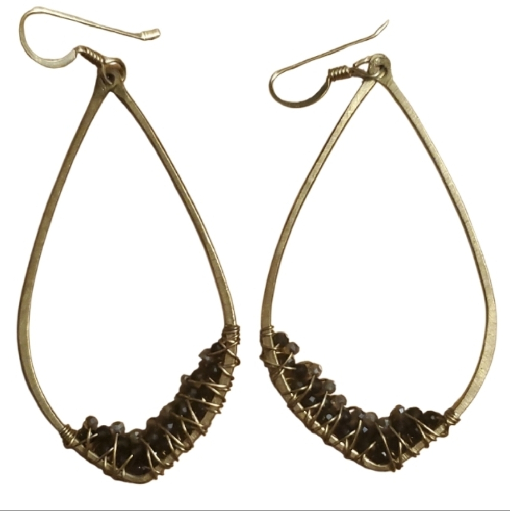 Gold Metal Teardrop French Hook Earrings‎ With Wired Brown Beads